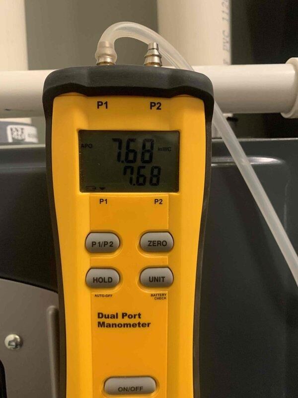 Perry, OH - Responded to follow-up service call for no heat issue on furnace producing cold air. Diagnostic testing with dual port manometer revealed gas pressure readings of 7.68" WC inlet and 0.68" WC outlet. Adjusted gas pressure to manufacturer specifications, restoring proper heat output. System now functioning normally.