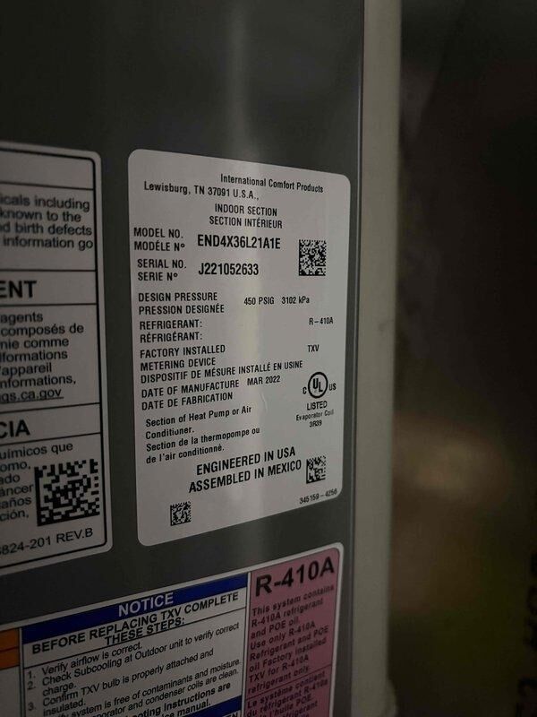 Completed comprehensive cooling season tune-up on 9-year-old International Comfort Products air conditioning system. Performed full system inspection, verified refrigerant charge and pressures within manufacturer specifications for R-410A system, checked electrical connections and amp draw, cleaned condenser coil, and inspected air filter which was found in satisfactory condition.