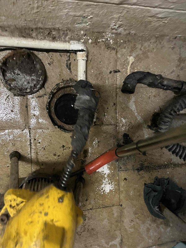 Responded to service call for clogged basement drains. Used power auger to clear severe blockage in floor drain, removing substantial accumulation of hair and debris that had completely obstructed the drain line. Successfully restored proper drainage functionality to the basement plumbing system.