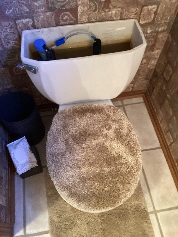 Highland Heights, OH - Responded to service call for two toilets with flushing issues and one sink with drainage problems. Inspected first toilet and found tank components compromised by blue cleaning tablets causing discoloration and potential valve damage. Removed cleaning products from tank, cleaned internal components, and adjusted water levels to restore proper flushing function.