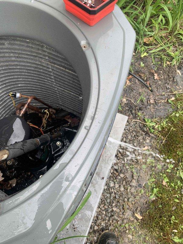 Completed routine cooling maintenance member visit on residential air handler and outdoor condensing unit. Removed top cover from outdoor unit to access and inspect internal components including condenser coils and refrigerant lines. Performed standard preventative maintenance procedures, verified proper system operation, and secured unit upon completion.