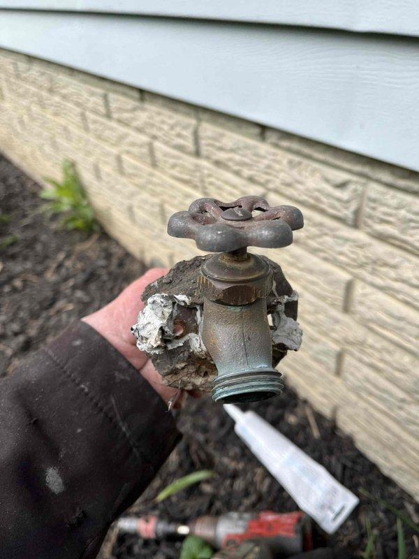 Returned to property for follow-up on outdoor hose bib replacement project originally estimated in October. Accessed ceiling cavity to evaluate existing plumbing configuration and install new gate valve as specified in previous site assessment. Removed two severely corroded outdoor hose bibs exhibiting significant rust, mineral buildup, and deteriorated valve bodies. Opened ceiling access point to expose copper supply lines and install shutoff valve for improved system control. Replaced both exterior hose bibs with new frost-free sillcocks, ensuring proper pitch for drainage and secure mounting to exterior siding. Restored ceiling access point upon completion of valve installation.